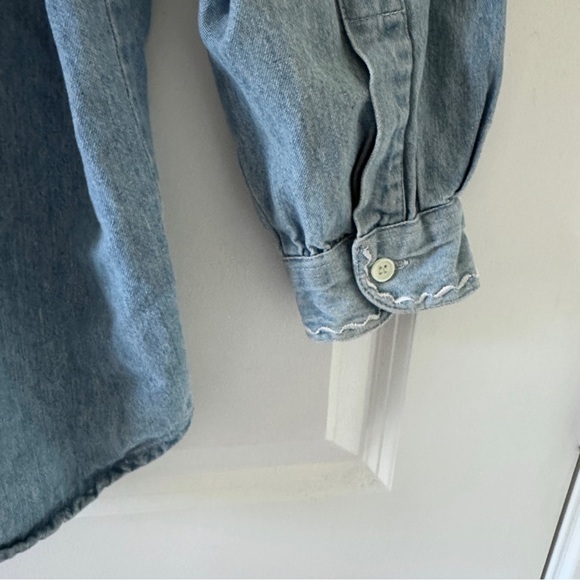 Vintage Embroidered Mock Neck Button Up Blue Denim Shirt Women’s Size Medium - Picture 13 of 15